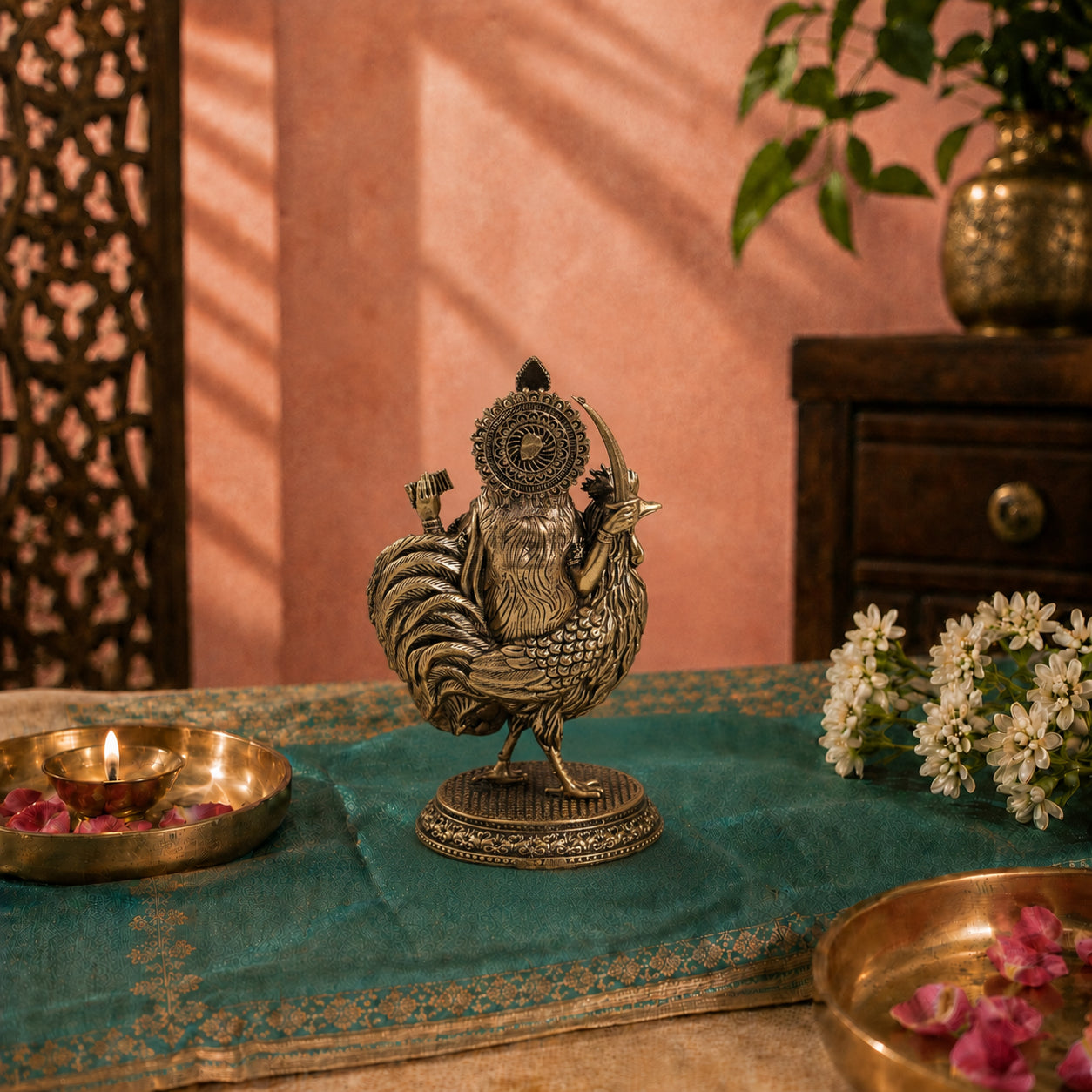 Brass Bahuchara Mata Murti Seated on Rooster (4 Inch)