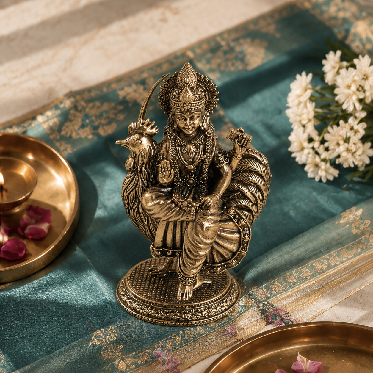 Brass Bahuchara Mata Murti Seated on Rooster (4 Inch)