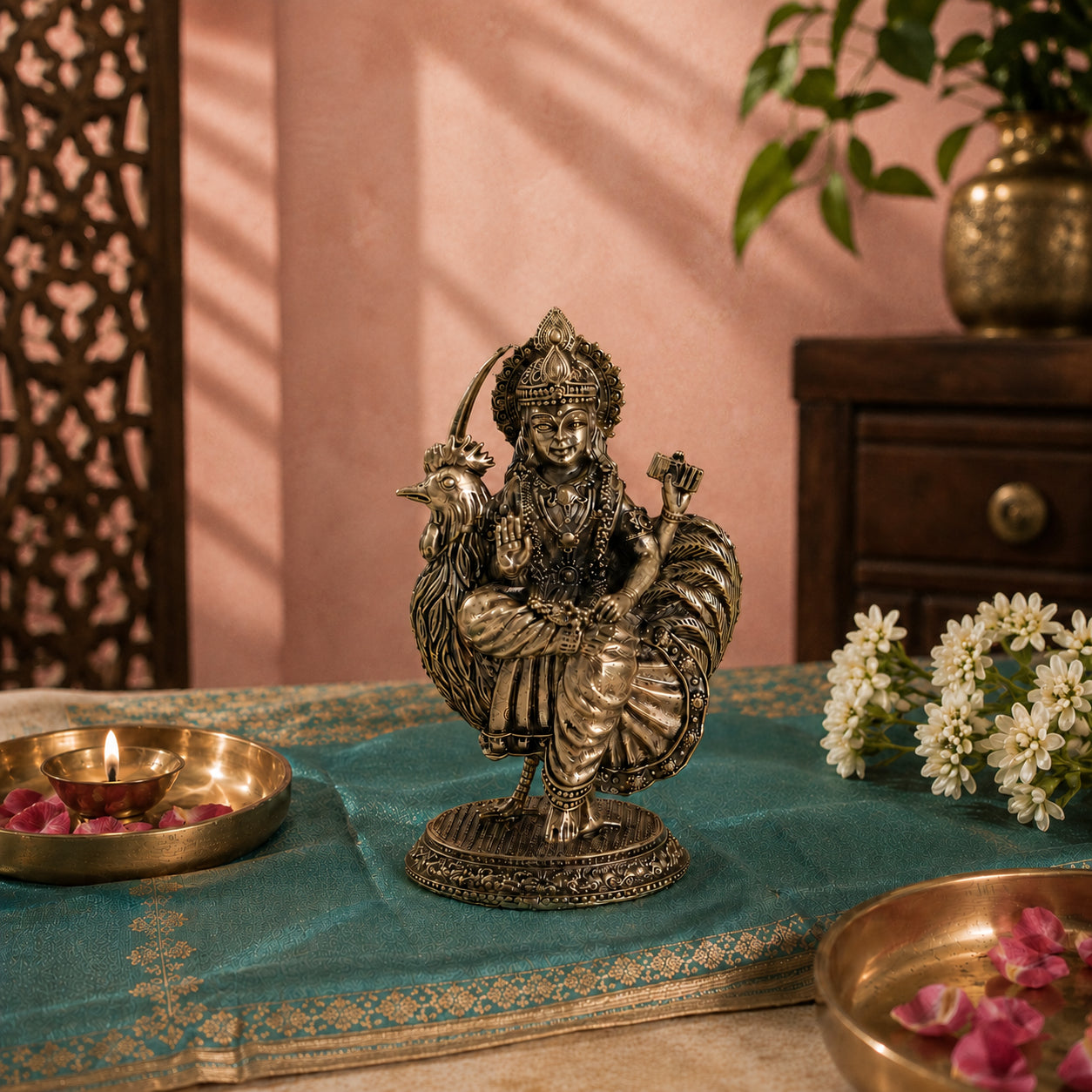 Brass Bahuchara Mata Murti Seated on Rooster (4 Inch)