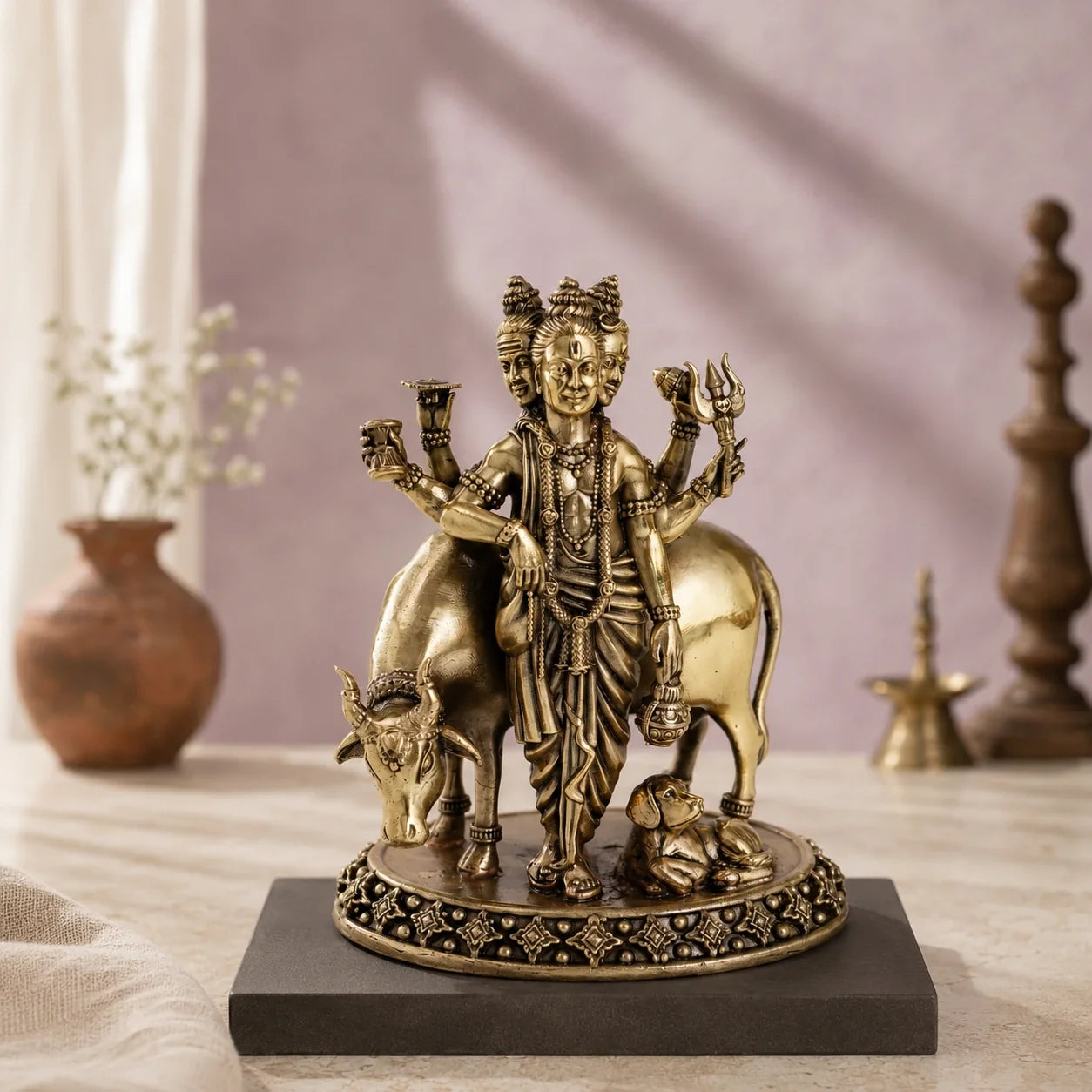 Brass Dattatreya Murti with Cow & Dog (5.5 Inch)