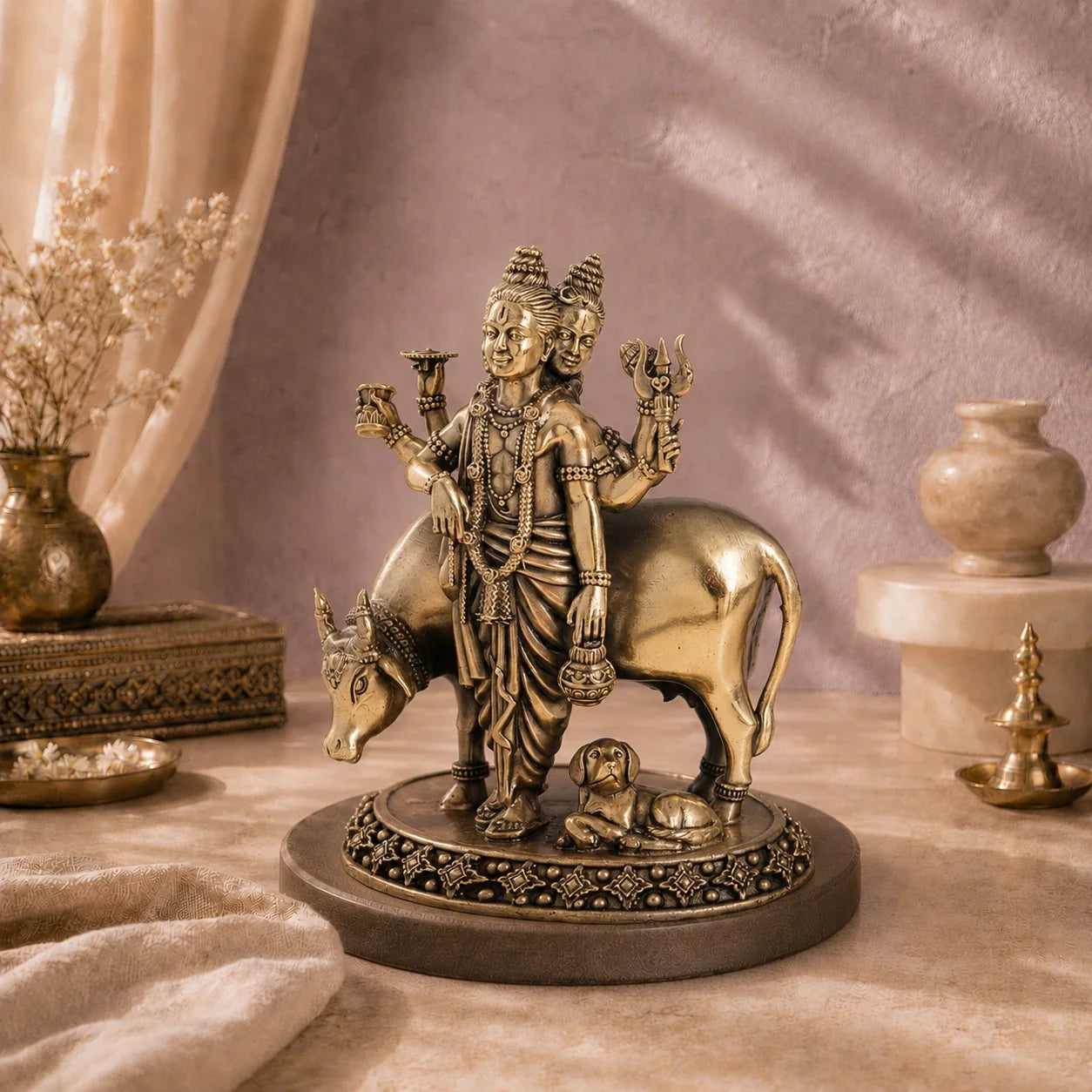 Brass Dattatreya Murti with Cow & Dog (5.5 Inch)