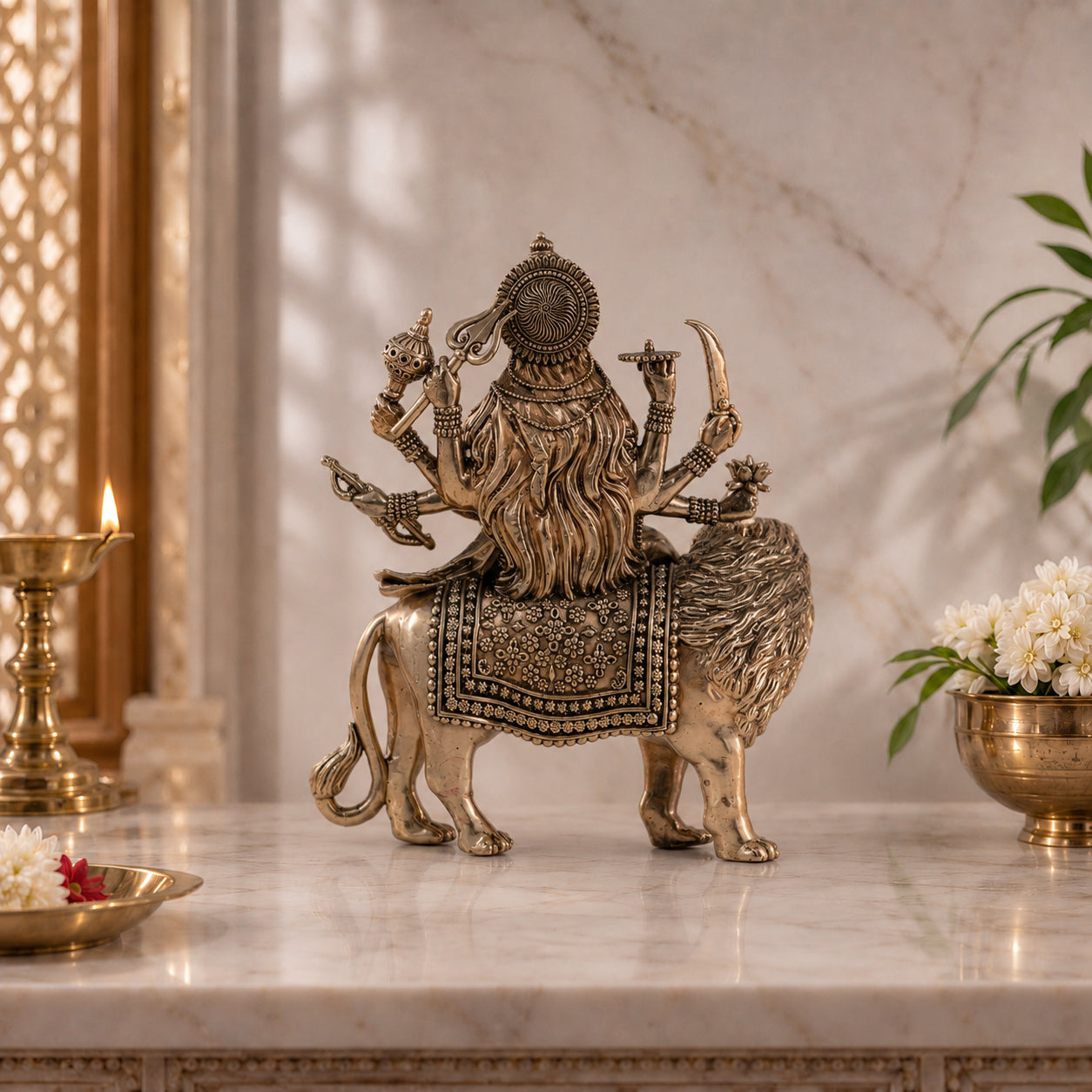 Brass Maa Durga Murti in Ashtabhuja Form (8 Inch)