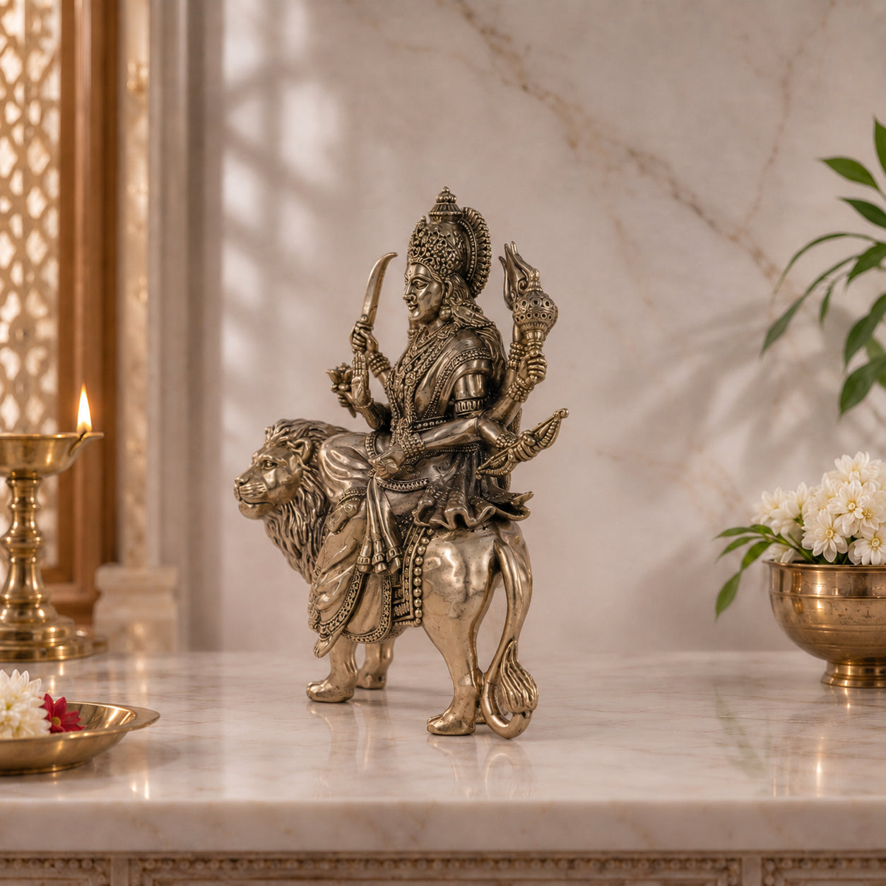 Brass Maa Durga Murti in Ashtabhuja Form (8 Inch)