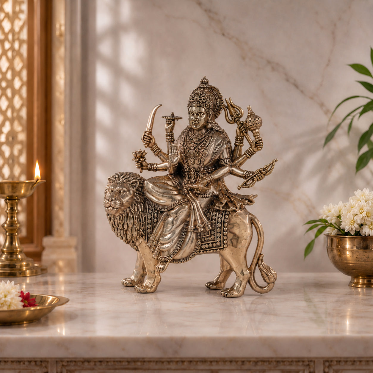 Brass Maa Durga Murti in Ashtabhuja Form (8 Inch)