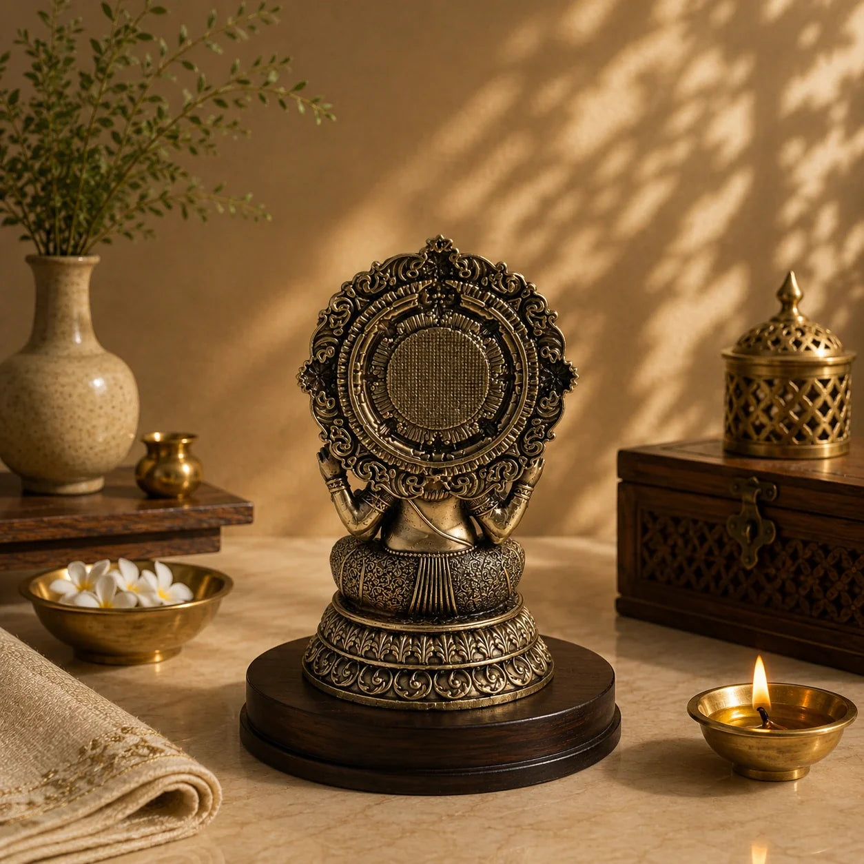 Brass Four-Armed Ganesha Murti with Prabhavali & Mouse Vahana (5.5 Inch)