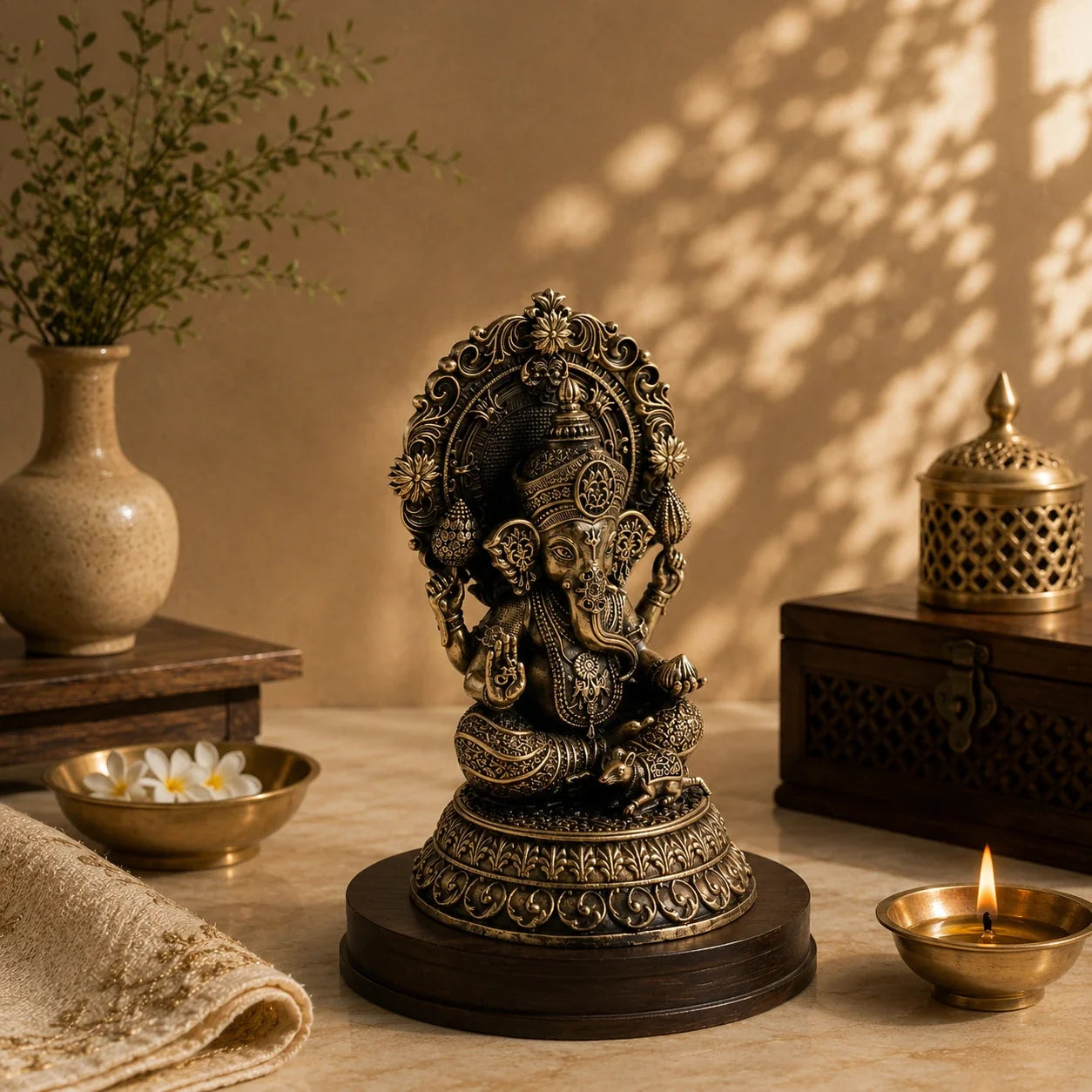 Brass Four-Armed Ganesha Murti with Prabhavali & Mouse Vahana (5.5 Inch)