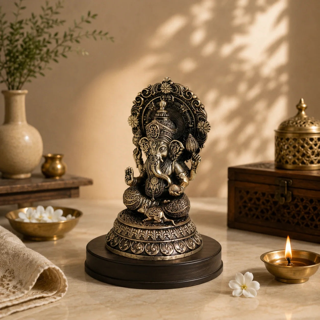 Brass Four-Armed Ganesha Murti with Prabhavali & Mouse Vahana (5.5 Inch)