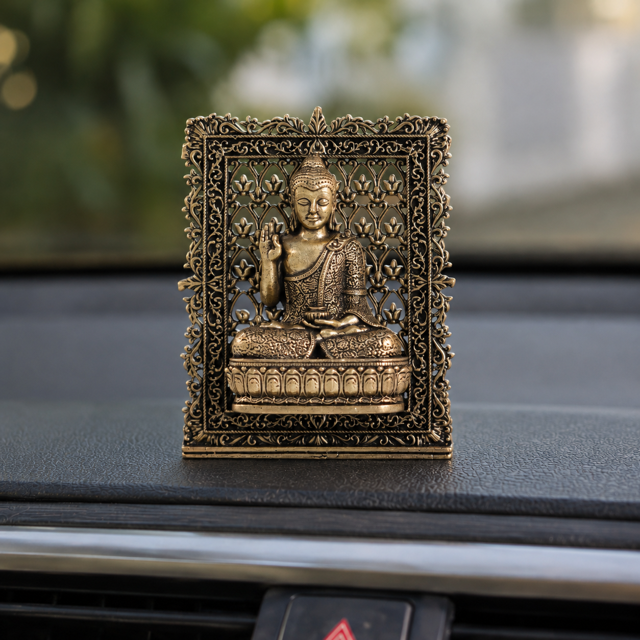 Brass Framed Buddha Idol for Car Dashboard (3 Inch)