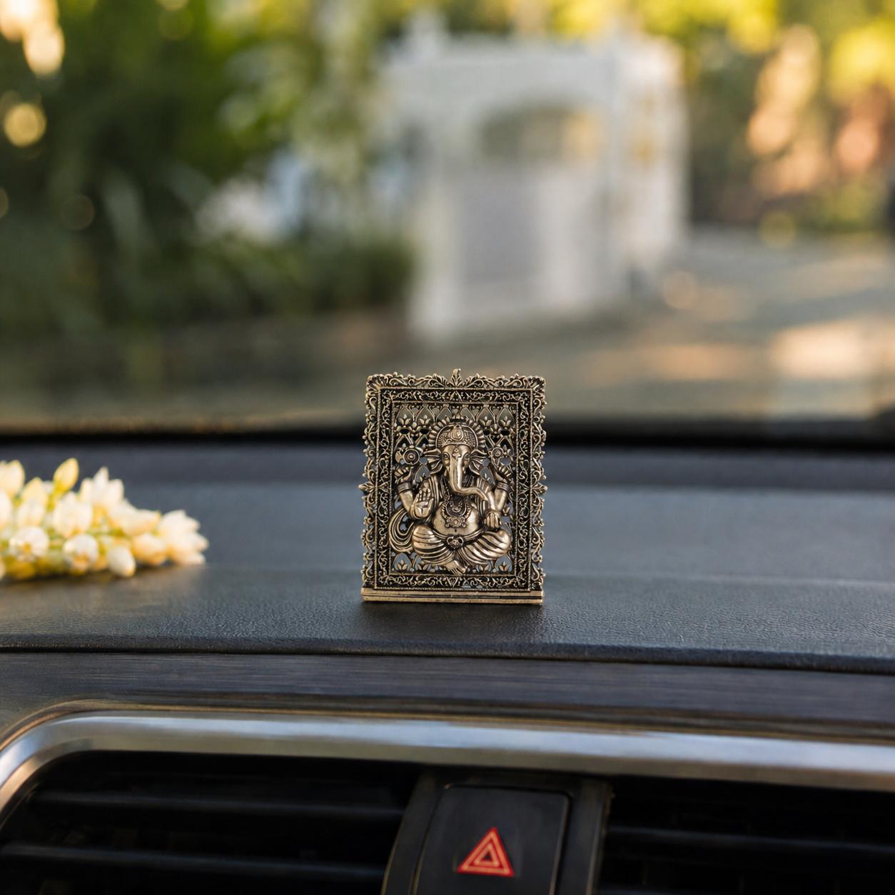 Brass Framed Ganesh Idol for Car Dashboard (3 Inch)