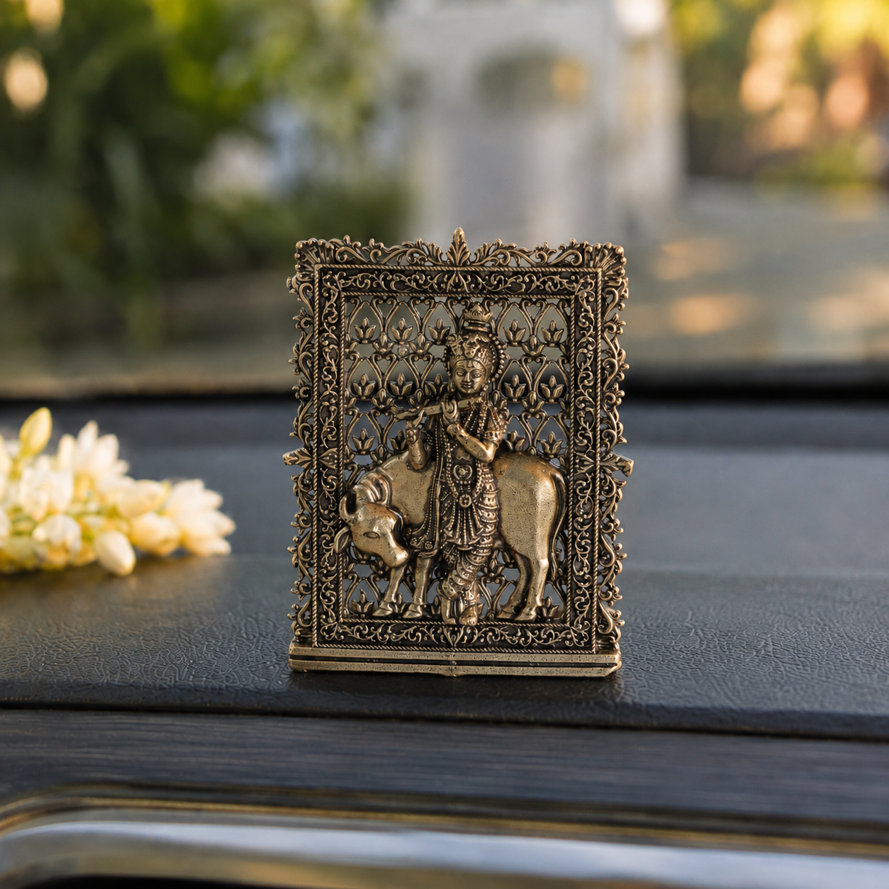 Brass Framed Krishna with Cow Idol for Car Dashboard (3 Inch)