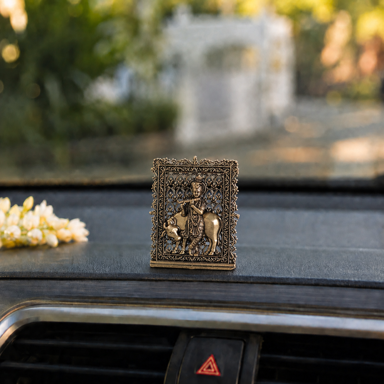 Brass Framed Krishna with Cow Idol for Car Dashboard (3 Inch)