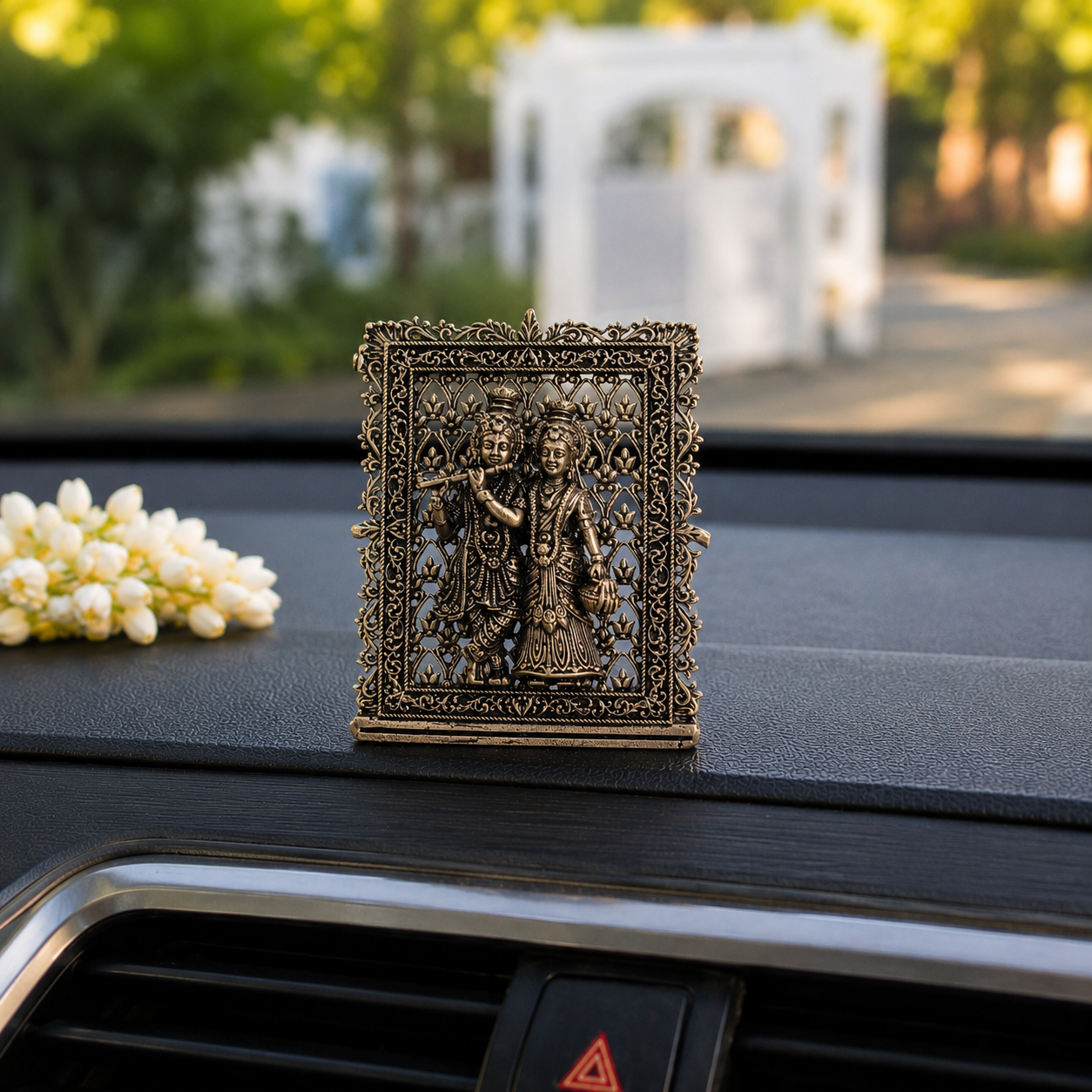 Brass Framed Radha Krishna Idol for Car Dashboard (3 Inch)