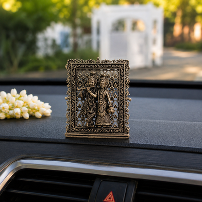 Brass Framed Radha Krishna Idol for Car Dashboard (3 Inch)