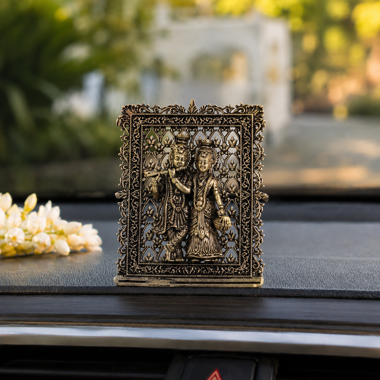 Brass Framed Radha Krishna Idol for Car Dashboard (3 Inch)