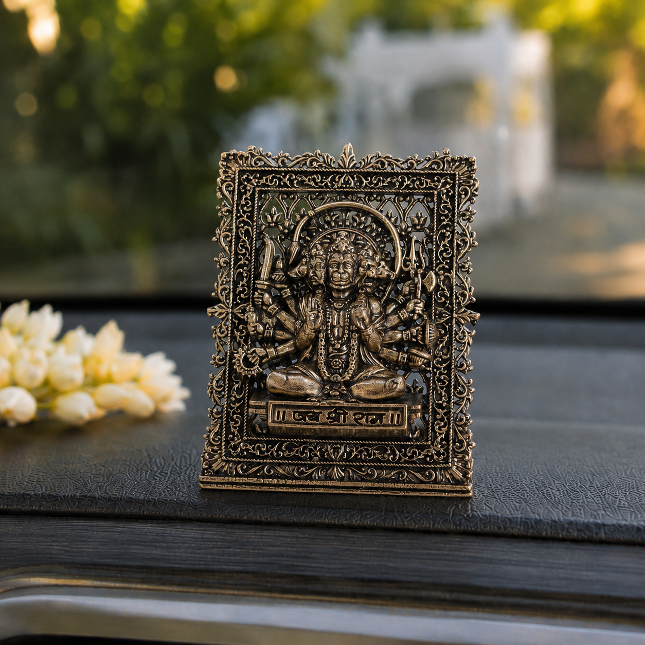Brass Framed Sitting Panchmukhi Hanuman Idol for Car Dashboard (3 Inch)