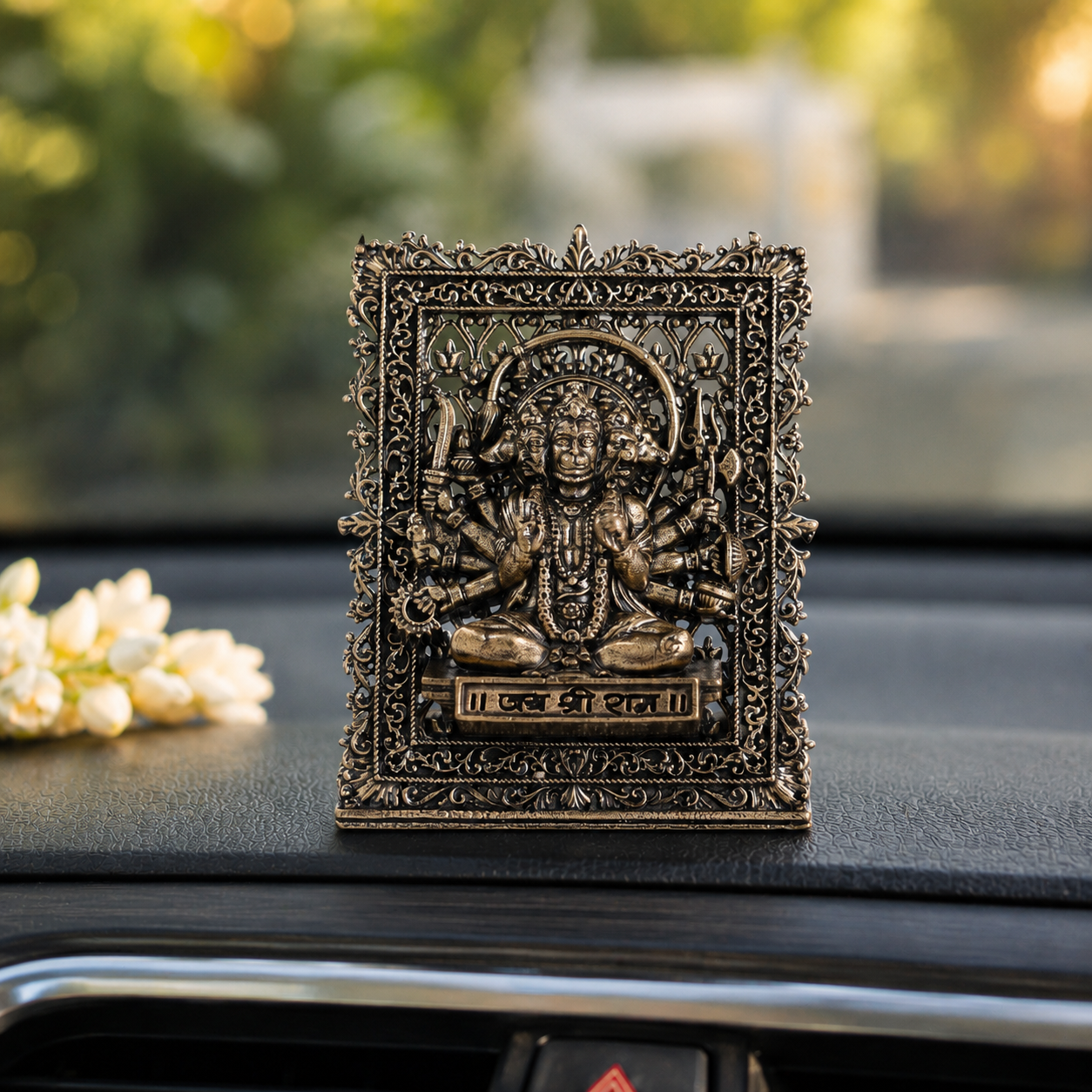 Brass Framed Sitting Panchmukhi Hanuman Idol for Car Dashboard (3 Inch)