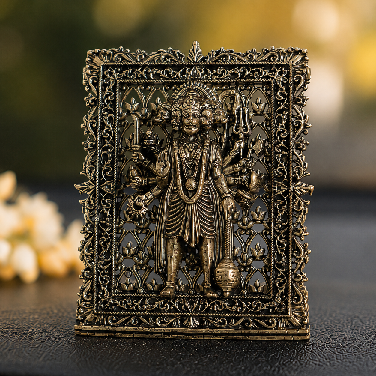 Brass Framed Standing Panchmukhi Hanuman Idol for Car Dashboard (3 Inch)