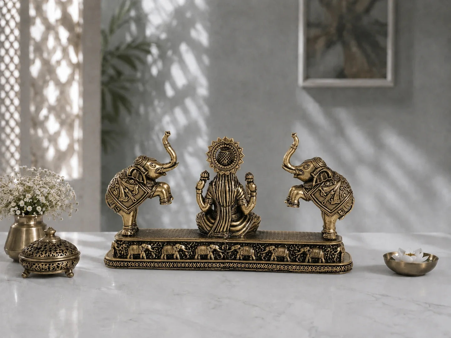 Brass Gaja Lakshmi Murti with Elephant Pair (4.3 Inch)