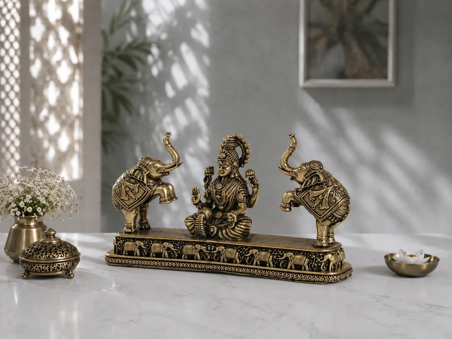 Brass Gaja Lakshmi Murti with Elephant Pair (4.3 Inch)