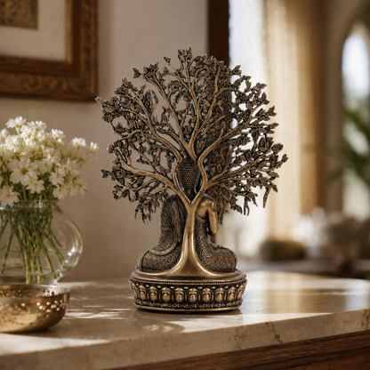 Brass Gautam Buddha Murti under Bodhi Tree (6.5 Inch)