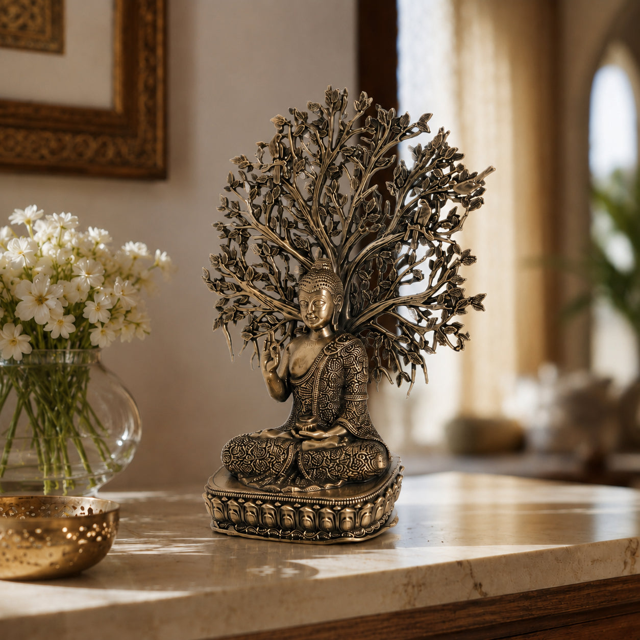 Brass Gautam Buddha Murti under Bodhi Tree (6.5 Inch)