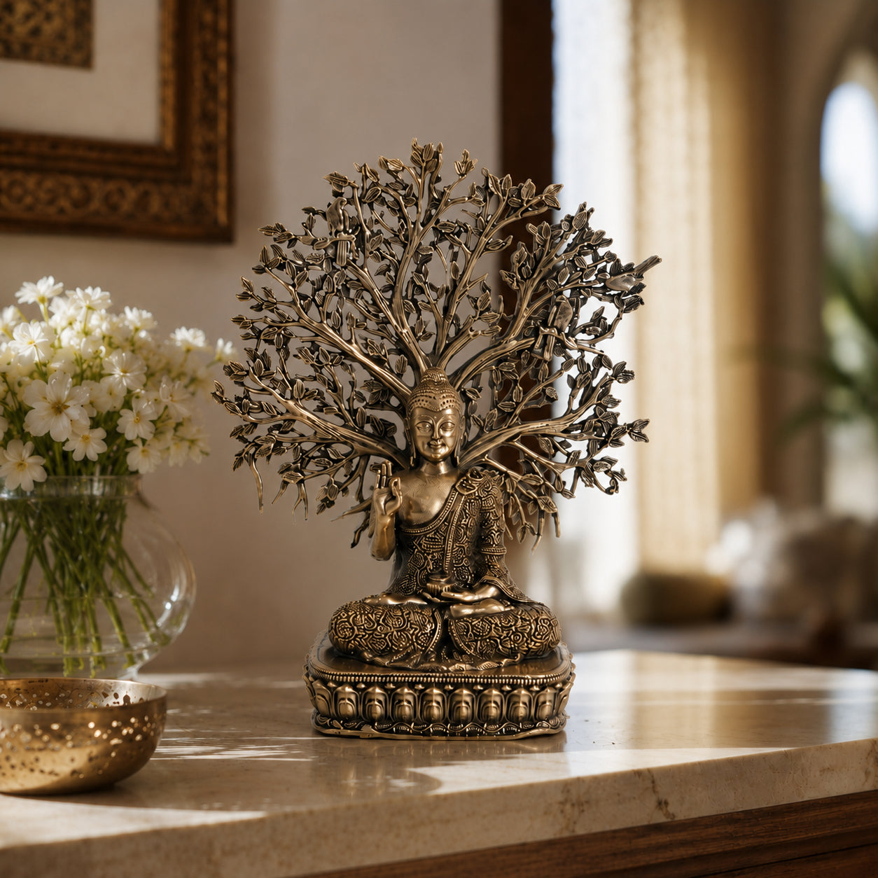 Brass Gautam Buddha Murti under Bodhi Tree (6.5 Inch)