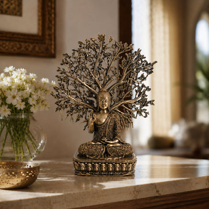 Brass Gautam Buddha Murti under Bodhi Tree (6.5 Inch)