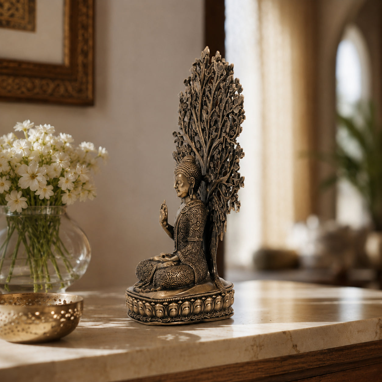 Brass Gautam Buddha Murti under Bodhi Tree (6.5 Inch)