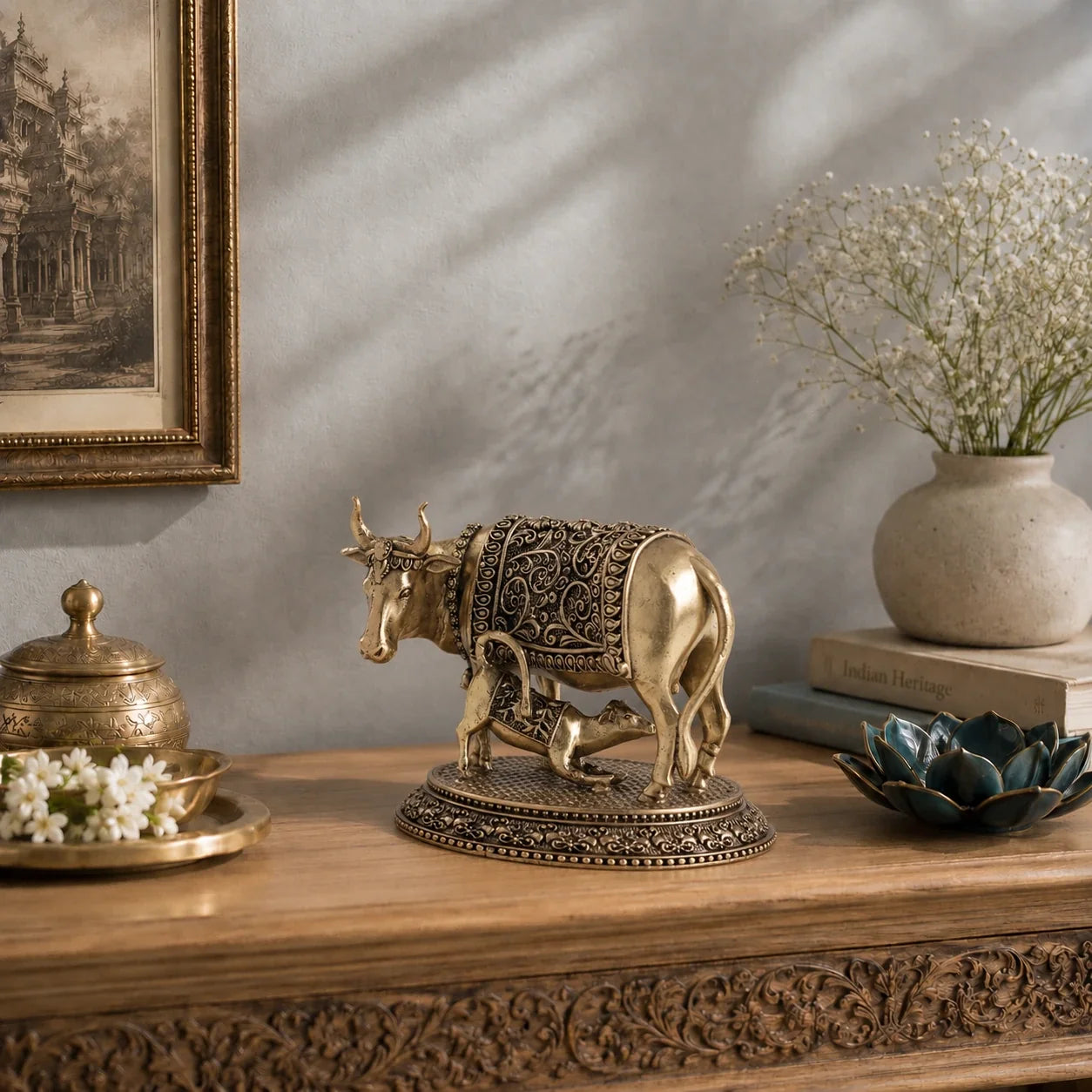 Brass Kamdhenu Cow with Calf Idol (3.5 Inch)