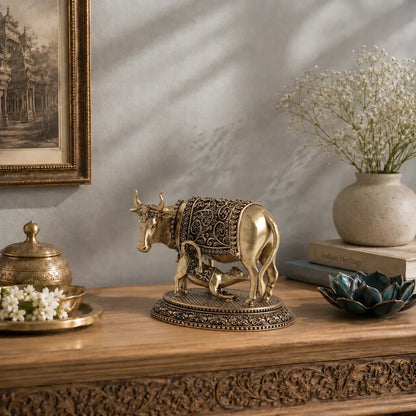 Brass Kamdhenu Cow with Calf Idol (3.5 Inch)