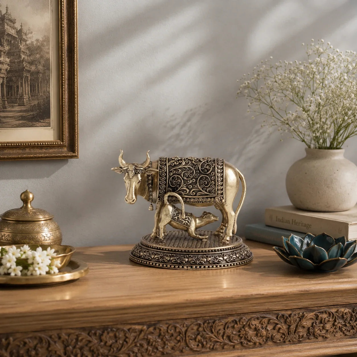 Brass Kamdhenu Cow with Calf Idol (3.5 Inch)
