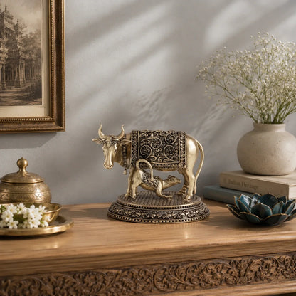 Brass Kamdhenu Cow with Calf Idol (3.5 Inch)