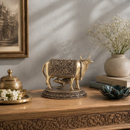 Brass Kamdhenu Cow with Calf Idol (3.5 Inch)