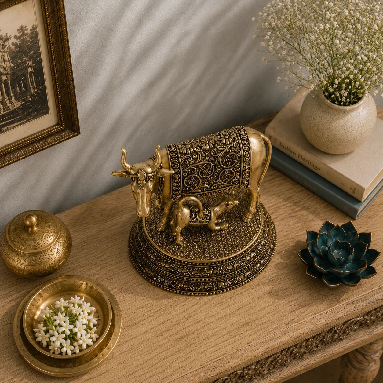Brass Kamdhenu Cow with Calf Idol (3.5 Inch)