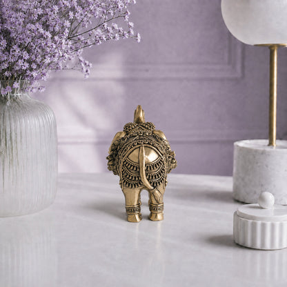 Brass Elephant Statue with Lakshmi & Ganesha (4.75 Inch)