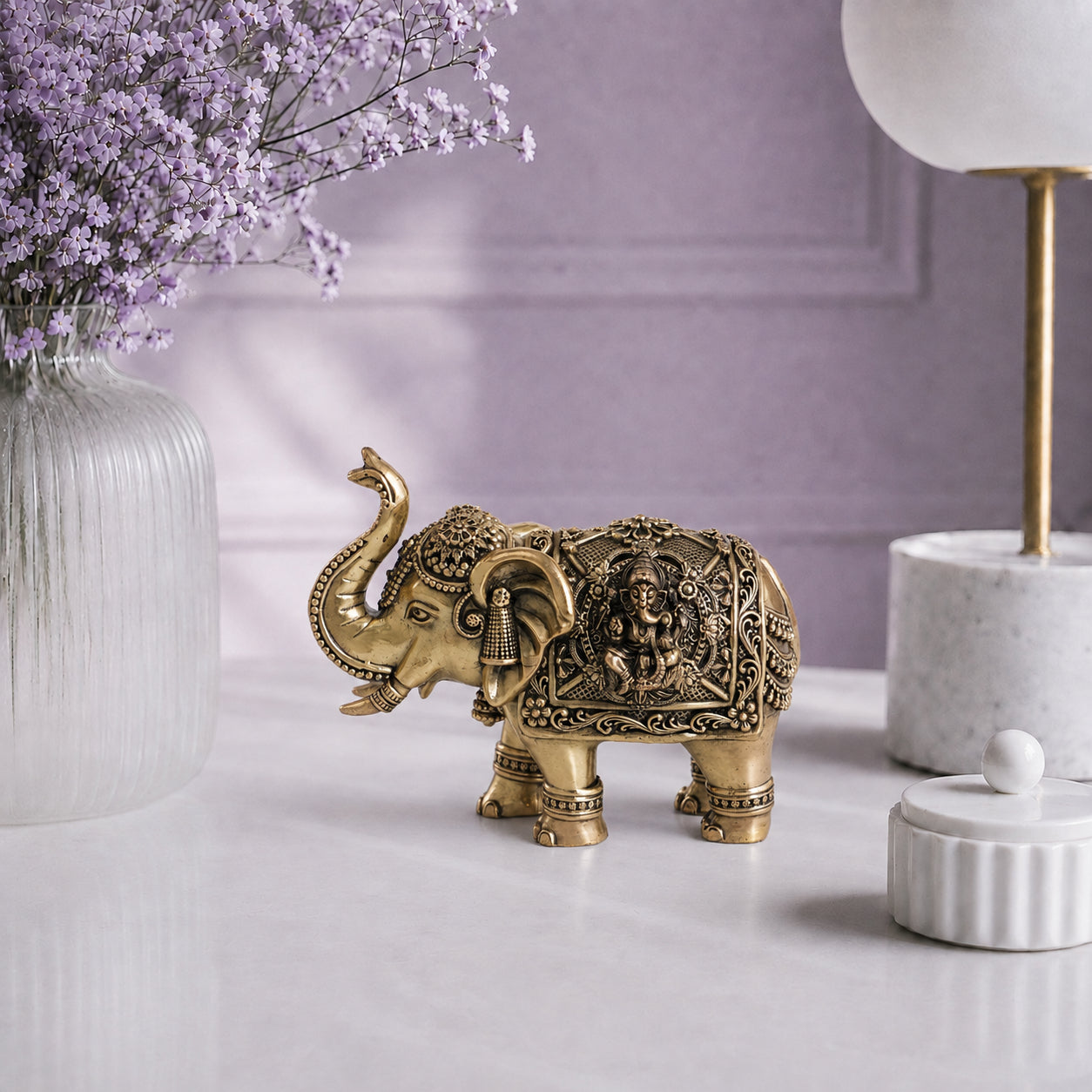 Brass Elephant Statue with Lakshmi & Ganesha (4.75 Inch)