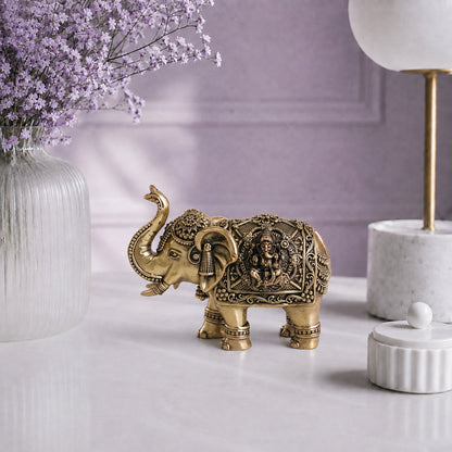 Brass Elephant Statue with Lakshmi & Ganesha (4.75 Inch)