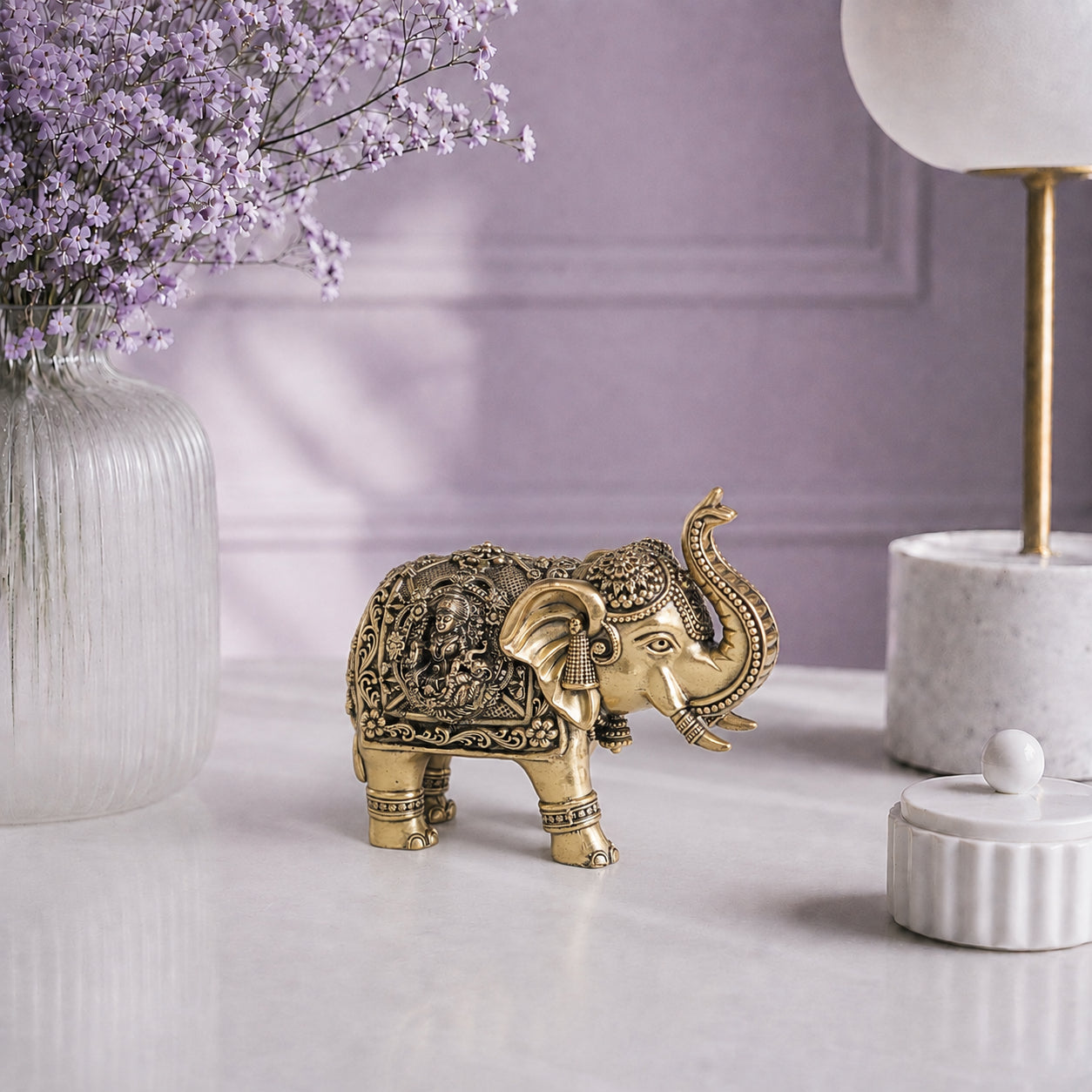 Brass Elephant Statue with Lakshmi & Ganesha (4.75 Inch)