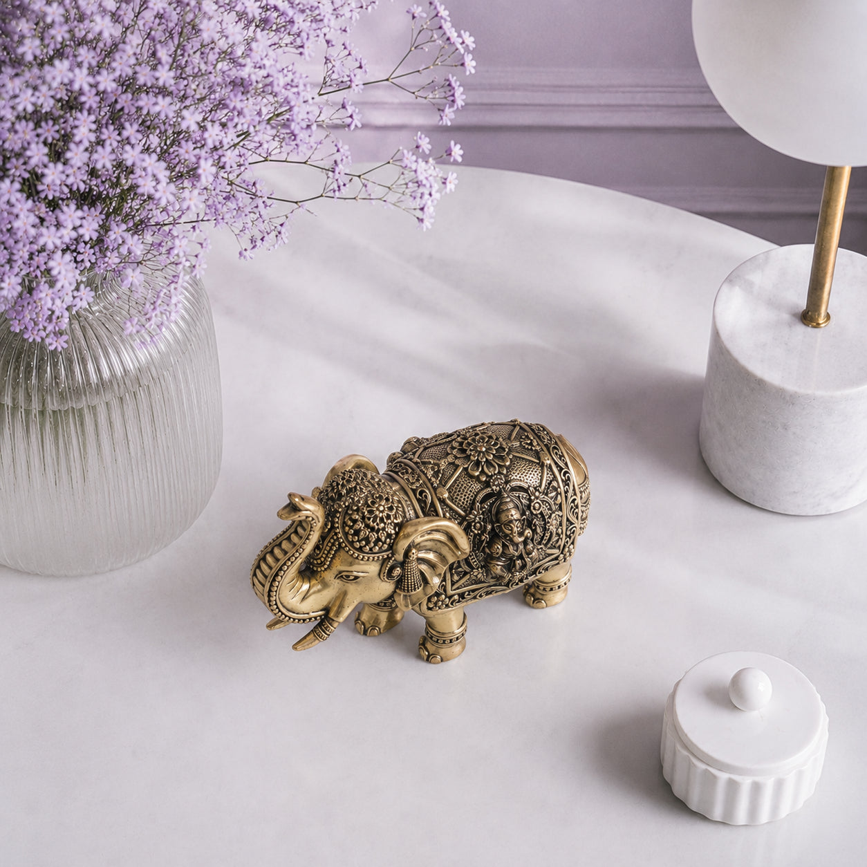 Brass Elephant Statue with Lakshmi & Ganesha (4.75 Inch)