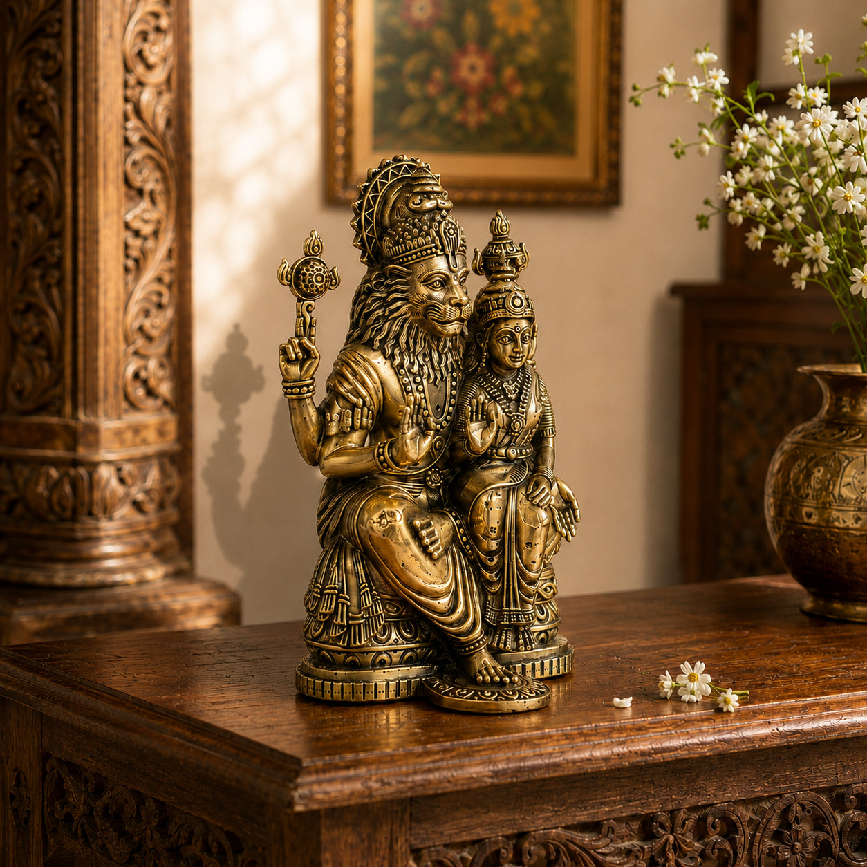 Brass Lakshmi Narasimha Murti Holding Shankha & Chakra (6 Inch)