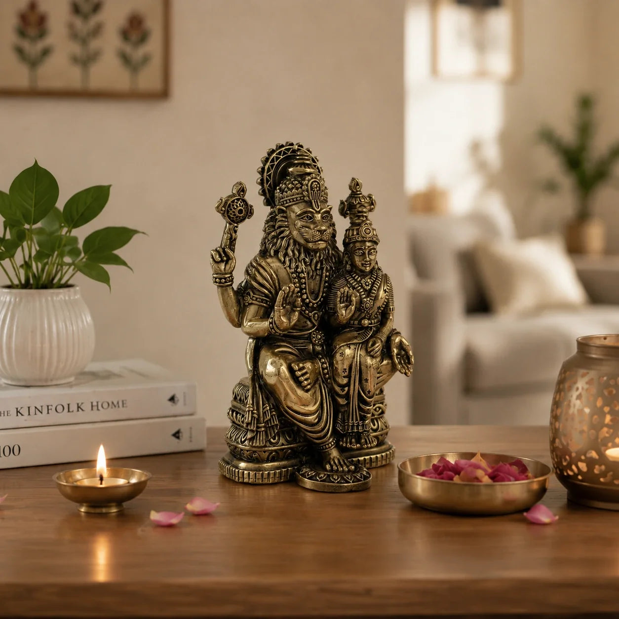 Brass Lakshmi Narasimha Murti Seated on Throne (6.5 Inch)