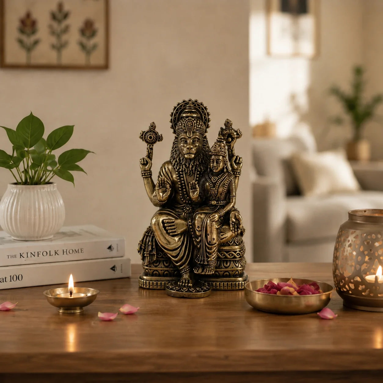 Brass Lakshmi Narasimha Murti Seated on Throne (6.5 Inch)