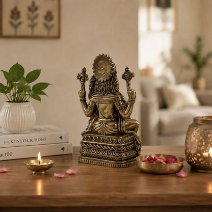 Brass Lakshmi Narasimha Murti Seated on Throne (6.5 Inch)