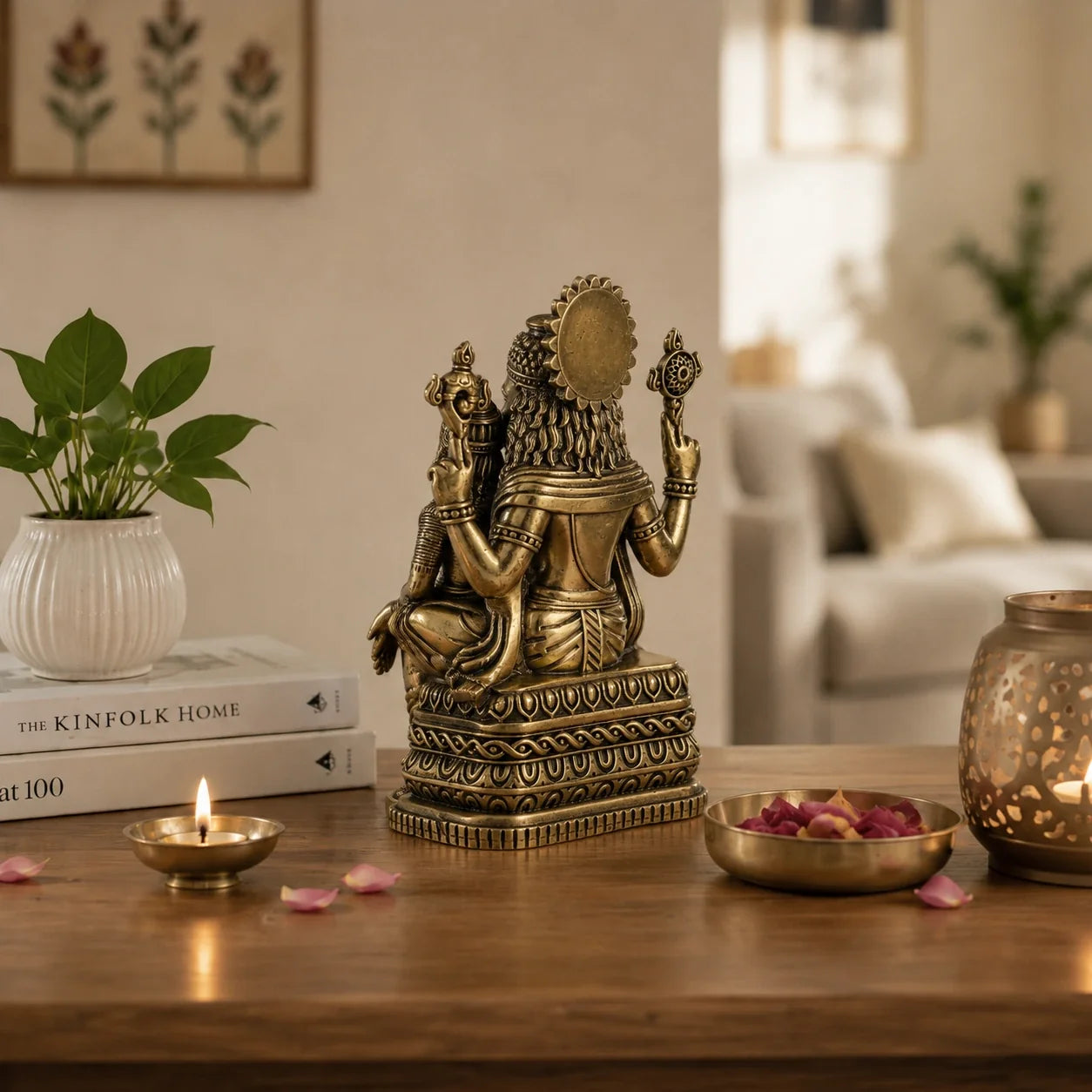 Brass Lakshmi Narasimha Murti Seated on Throne (6.5 Inch)