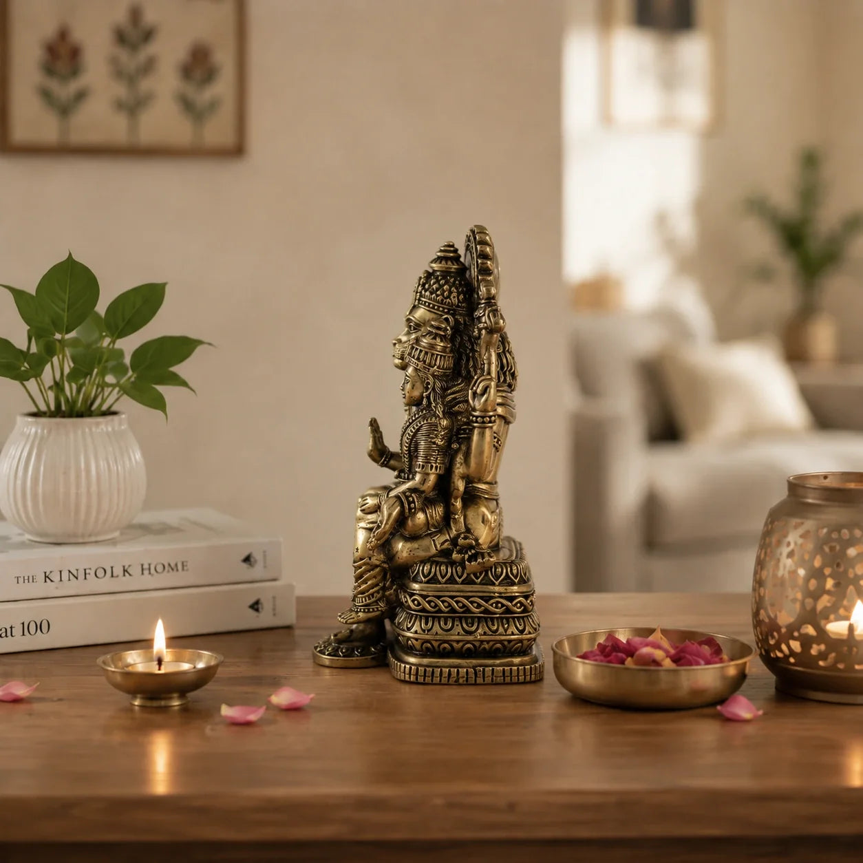 Brass Lakshmi Narasimha Murti Seated on Throne (6.5 Inch)