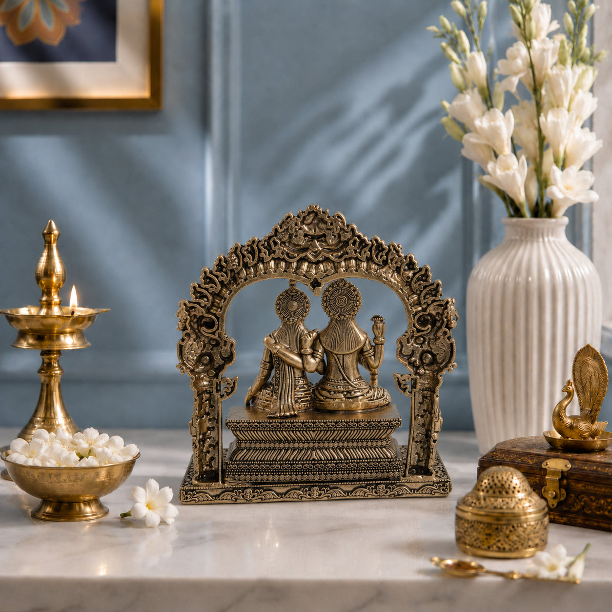 Brass Lakshmi Narayan Murti Seated Under Carved Arch (5 Inch)