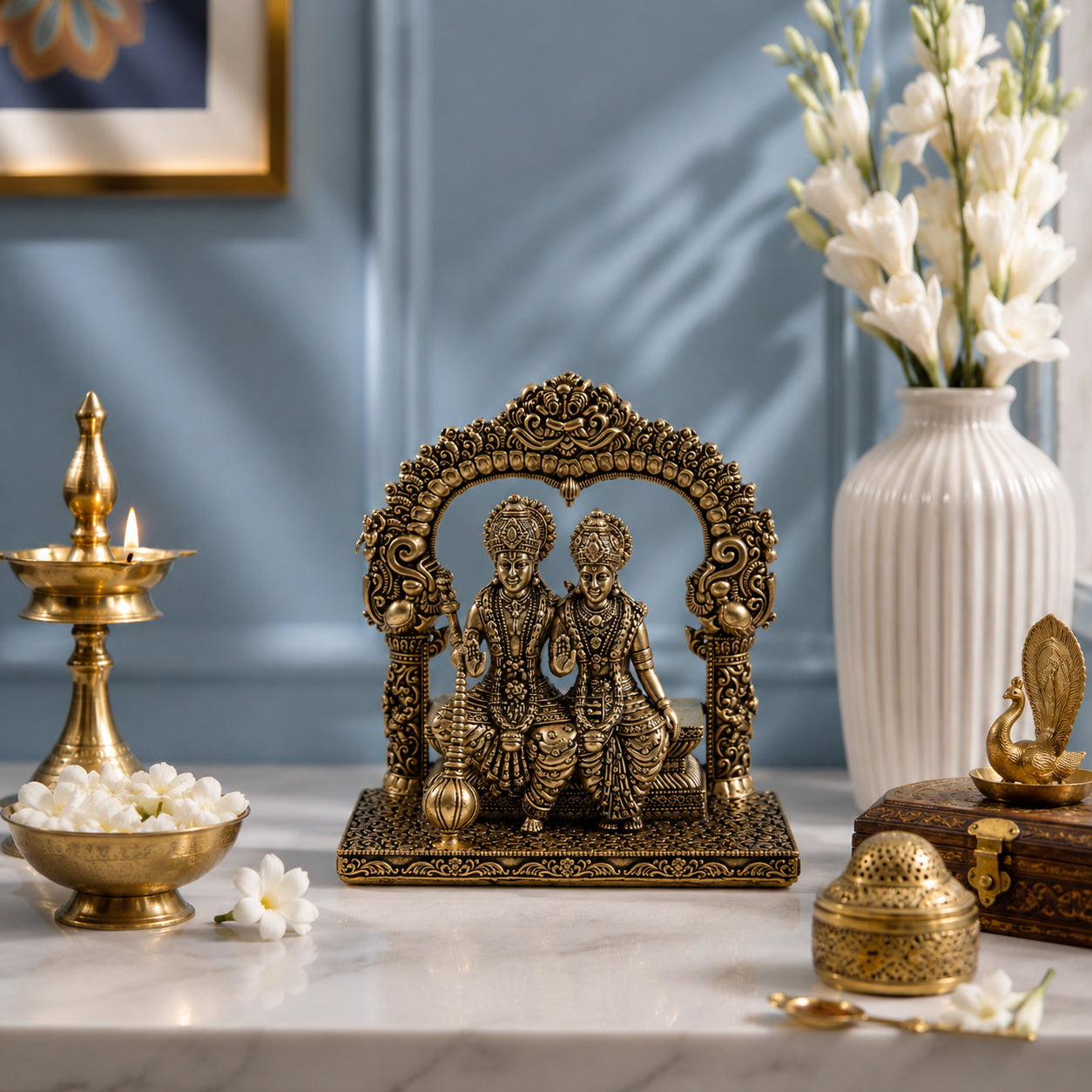Brass Lakshmi Narayan Murti Seated Under Carved Arch (5 Inch)