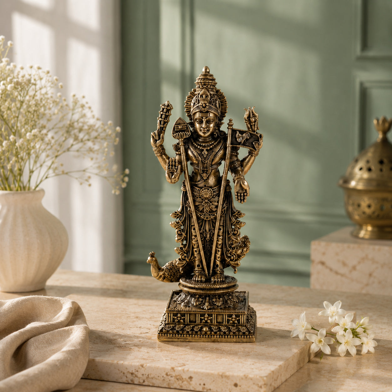 Brass Four-Armed Lord Murugan Murti with Peacock Vahana (6 Inch)