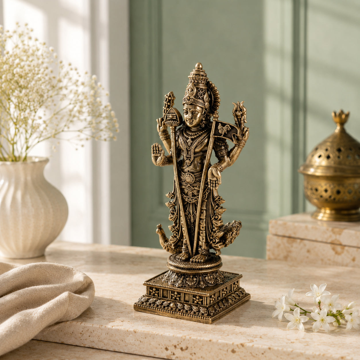 Brass Four-Armed Lord Murugan Murti with Peacock Vahana (6 Inch)