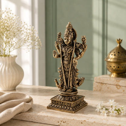 Brass Four-Armed Lord Murugan Murti with Peacock Vahana (6 Inch)